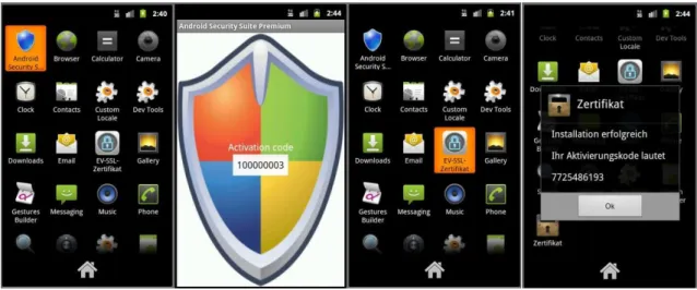 Figure 5 - Spitmo: From left to right: “system” application is showing under application management on  infected device, permissions of this “system” application 