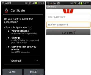 Figure 8 - Perkele installation: From left to right: permissions required for installation, after malware  execution 