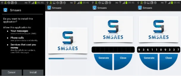 Figure 11 – Marcher: From left to right: application permissions when install, loading page when executed,  after application loaded, after tap “Generate” button