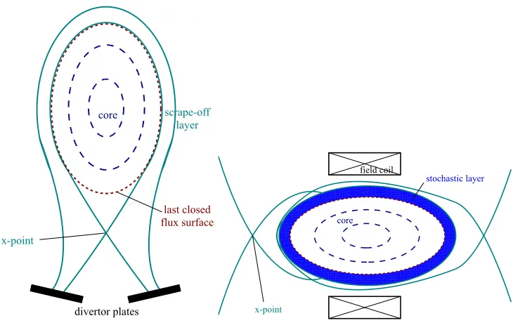 Figure 1.7: Simpliﬁed magnetic ﬁeld structure of a diverted tokamak (left) and heliotrontype stellarator (right).