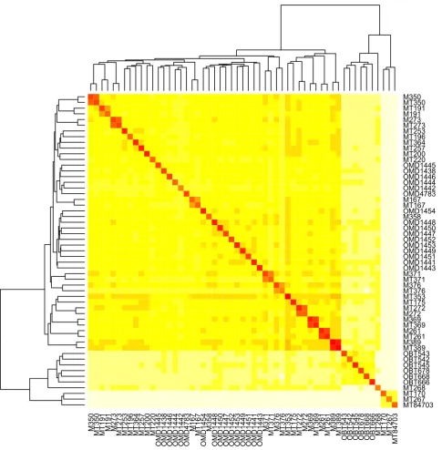 Figure 8.) entry is the and Darker (redder) colors indicate larger values, and the rows and columns are sorted automatically by the plotting function so as to keep similar columns close together