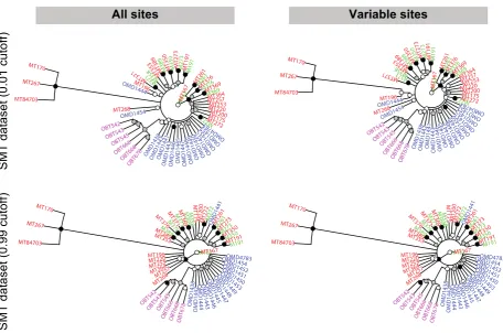 Figure 10. Unrooted consensus population trees obtained from MrBayes using different Oregon mule deer are shown in blue, Montana mule deer in red, replicate Montana mule deer in green, and Oregon black tail deer in magenta