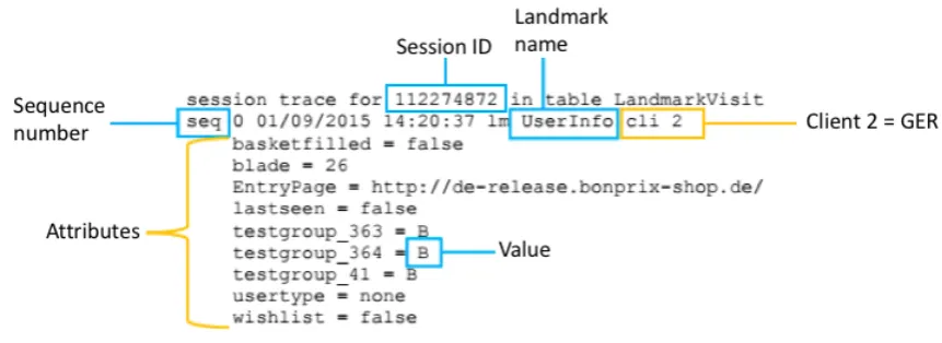 Figure 4.1: Example of a Landmark, with sequence 0, session ID 112274872, nameUserInfo and some attributes with different values.
