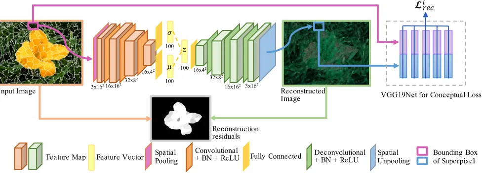 Figure 2: The main framework of our proposed superpixel-wise variational autoencoder network.