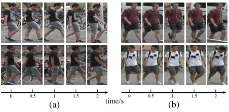 Figure 1: Illustration of video frames sampled from persontracklets. (a) shows two persons with similar appearance butdifferent gaits; (b) shows two persons with similar gait buttotally different appearance.