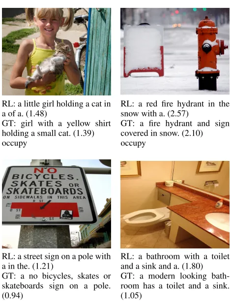 Figure 1: Comparison of some ground truth captions (i.e.,GT) and the RL generated captions using CIDEr optimiza-tion (i.e., RL)