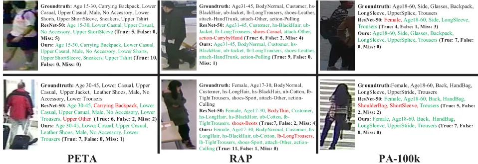 Figure 3: Qualitative evaluation of some pedestrian images from three datasets. The correct and wrong predictions are markedin green and red, respectively.
