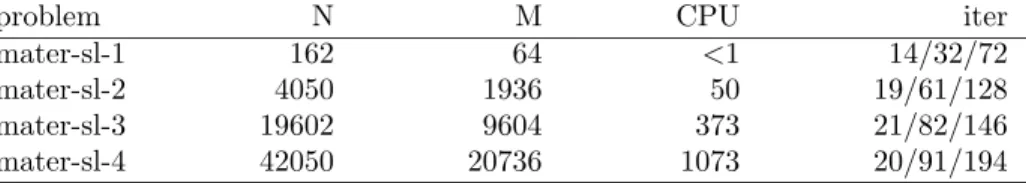Table 3: Computational results for mater problems using PENNON, performed on Pentium III-M (1000 MHz) with 512 KB memory running SuSE LINUX 7.3.