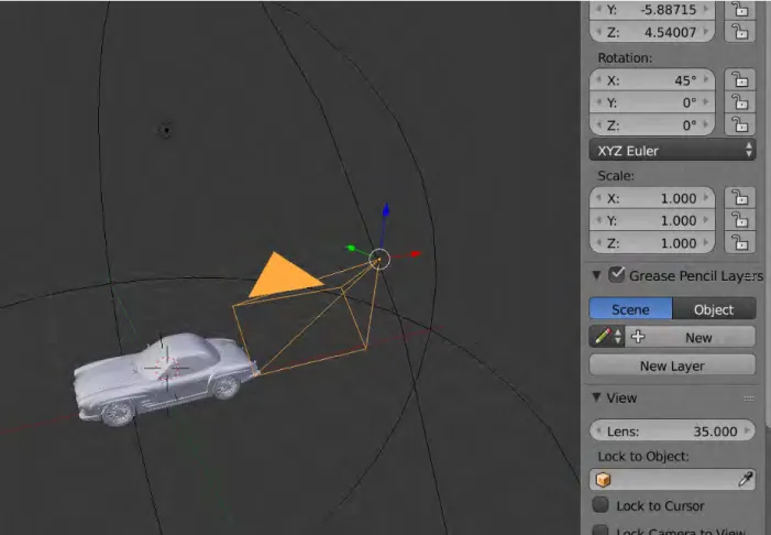 Figure 3.4: Screenshot of Blender software demonstrating the X, Y, Z vector of the camera
