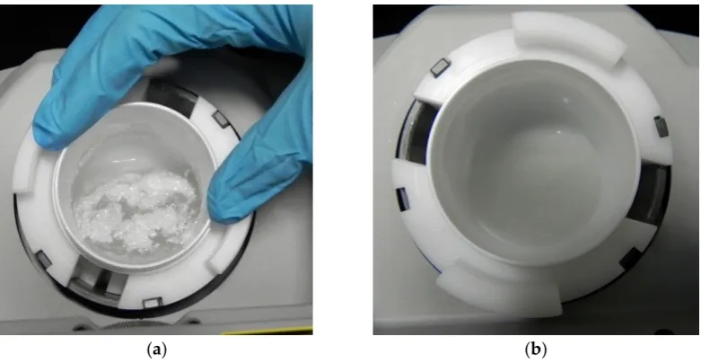 Figure 5. Figure 5. Polyvinyl Butyral (PVB)–MGF slurry before (Polyvinyl Butyral (PVB)–MGF slurry before (aa) and after () and after (bb) mixing in the planetary mixer