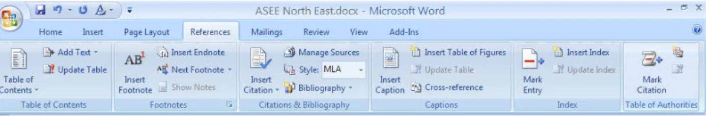 Figure 4  MS Word 2007 – Ribbon Containing Citation &amp; Bibliography Tools  A variety of citation and reference styles are used in engineering and technical publications