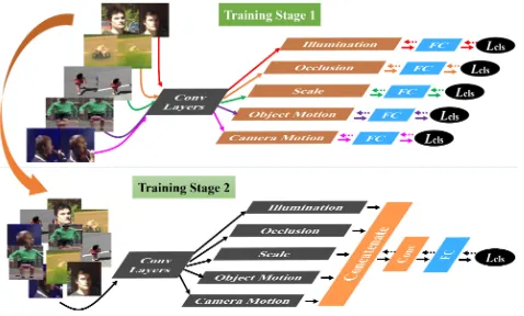 Figure 1: The proposed attribute-based CNN is trained bytwo stages. In the ﬁrst stage, ﬁve attribute branches aretrained individually to learn representations under differ-ent attributes