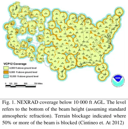 Fig. 1. NEXRAD coverage below 10 000 ft AGL. The level  refers to the bottom of the beam height (assuming standard  atmospheric  refraction)