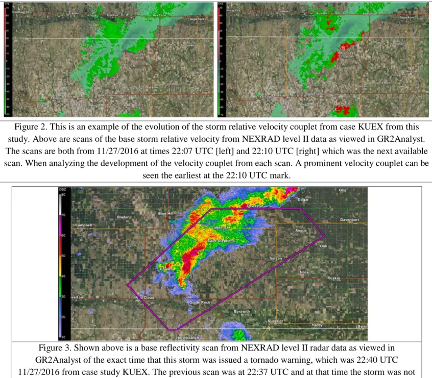 Figure 3. Shown above is a base reflectivity scan from NEXRAD level II radar data as viewed in  GR2Analyst of the exact time that this storm was issued a tornado warning, which was 22:40 UTC  11/27/2016 from case study KUEX