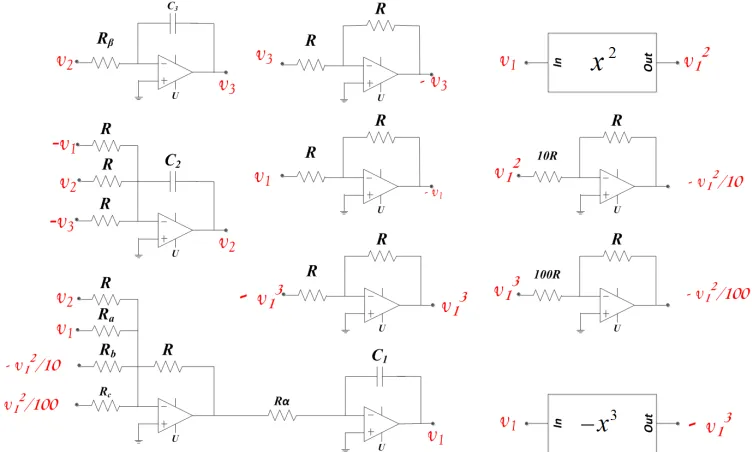 Figure 13. Electrical scheme of the analog calculator implementing the chaotic Chua’s system with asymmetric nonlinearity