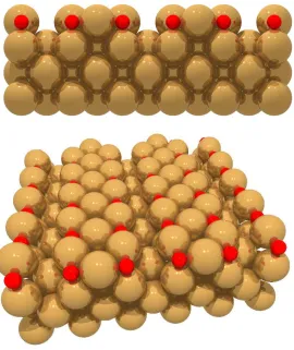 Figure 3.2: Side-sectional and perspective views of a Cu√√(100)(2 × 22)R45◦-O model,with the smaller red spheres representing O atoms and the larger spheres the Cu atoms.