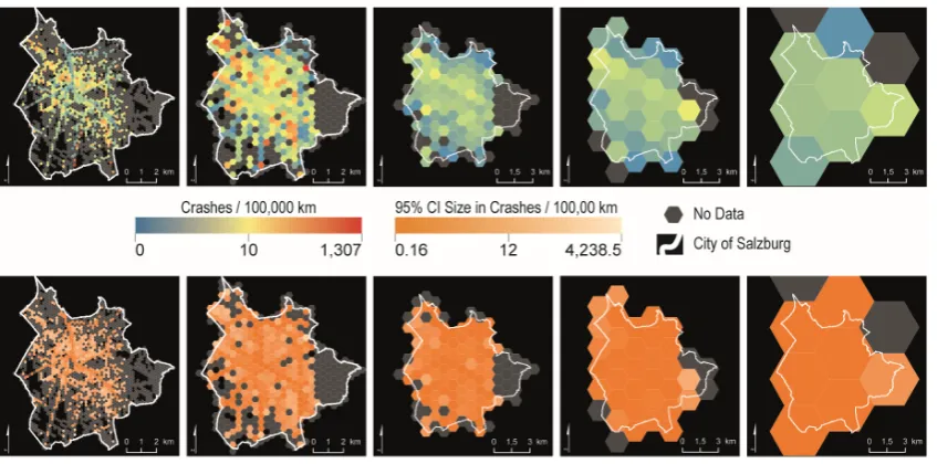 Figure 6.Figure 6. Risk calculations for regular hex grids (for cell sizes see Table 1)
