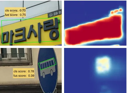 Figure 1: Visualization of detection results and semanticsegmentation feature maps. Left:The detection result withclassiﬁcation score and fusion score