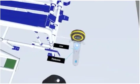 Figure 3: Screenshot of the measuring tape in use, from theteacher's perspective. ￿e hints appear on the representa-tion of the controller, every time the user can perform spe-cial actions, like Grab, Use and Release.