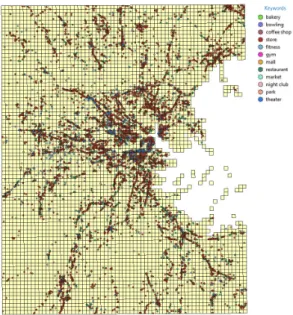 Fig. 2. POI search results on the map with 500x500m 2 visual grids