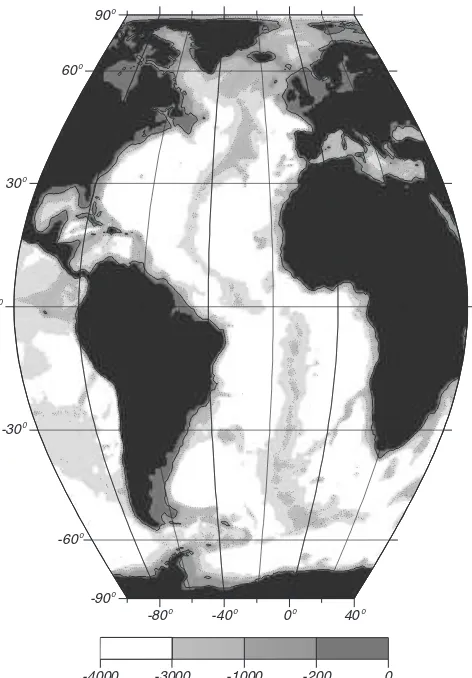 Figure 3.1 The Atlantic Ocean viewed with an Eckert VI equal-area projection. Depths, inmeters, are from the etopo 30′ data set