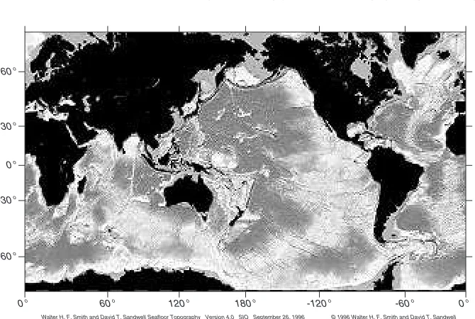 Figure 3.14 The sea-ﬂoor topography of the ocean with 3 km resolution produced fromsatellite altimeter observations of the shape of the sea surface