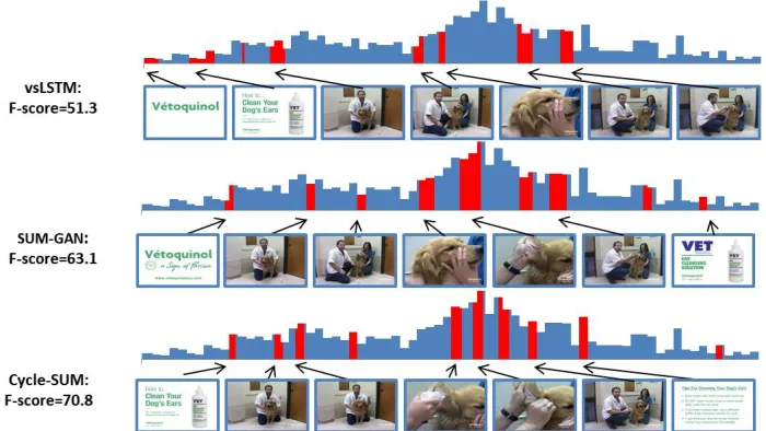 Figure 3: Comparison of selected frames w.r.t. importance score by Cycle-SUM and other state-of-arts (vsLSTM and SUM-GAN)
