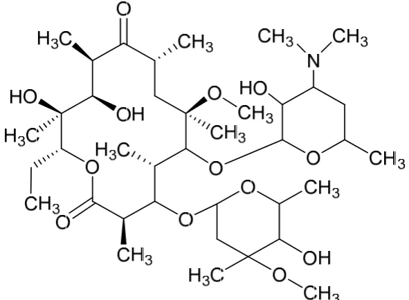 Figure 1.Figure 1.  Chemical structure of clarithromycin (CLA) (CChemical structure of clarithromycin (CLA) (C3838HH6969NONO13,13,  MWMW = 747.96 g/mol) [24]