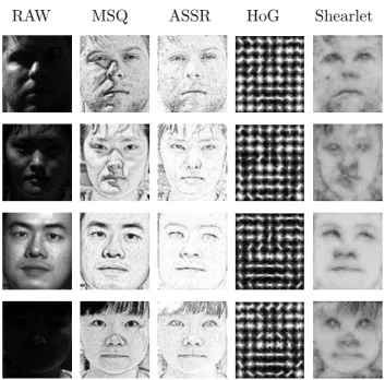 Fig. 3. Examples of IC and FE methods applied to four images of the YaleB database. Note that the MSQ adds artifacts on the first two images while enhances the last two