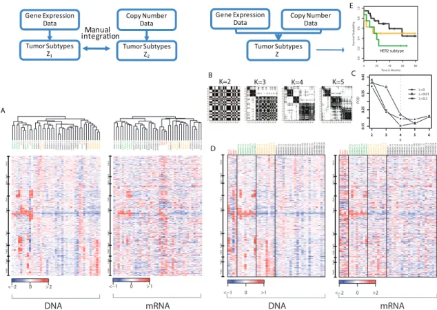 Figure 2: Results from separate clustering (left panel) and integrative clustering (right panel) using the Pollack data