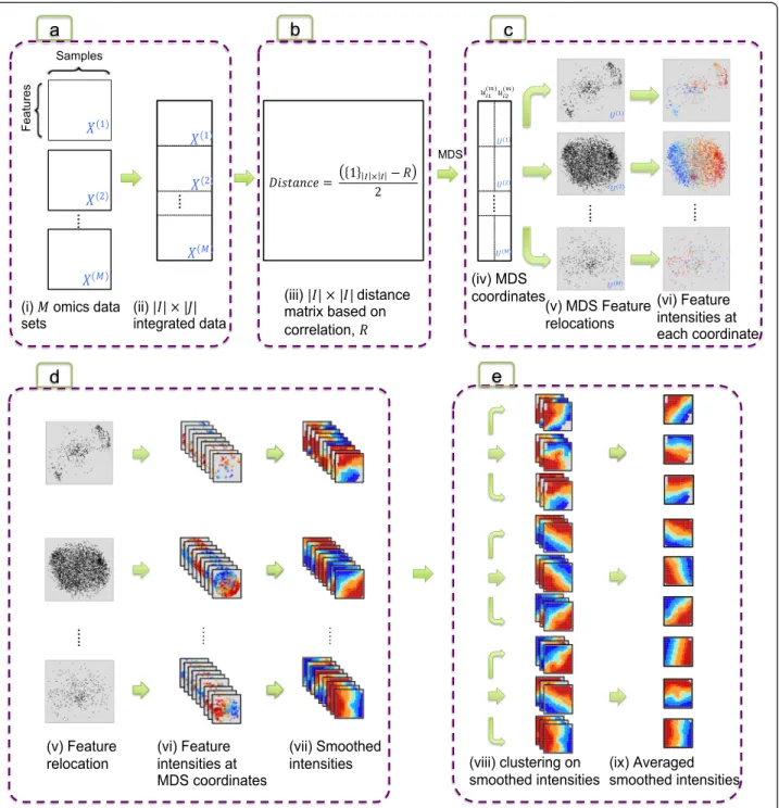 Fig. 2 Overview of integrative clustering in integrative phenotyping framework (iPF): (a) Vertically combined multiple omics data sets (b) A distance matrix between any two features within and across omic data sets (c) Multidimensional scaling (MDS) mappin
