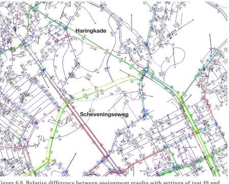 Figure 6.8. Relative difference between assignment results with settings of test 49 and the all-or-nothing test between Scheveningen and The Hague city centre