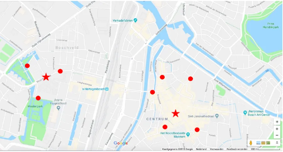 Figure A.1. Centroids (stars) and connections to road network (circles) of origin Boschveld and destination city centre