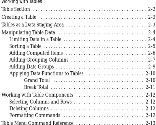 Table Section  . . . . . . . . . . . . . . . . . . . . . . . . . . . . . . . . . . . 