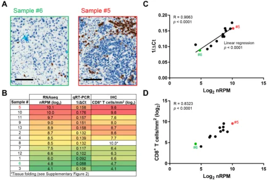 Figure 3: Validation of the Immune Advance assay on CD8.  A-D. Formalin-fixed paraffin embedded (FFPE) samples from 13 ovarian  cancer patients were sectioned and processed for immunohistochemical assessment of CD8 expression, RNA extraction followed by ta