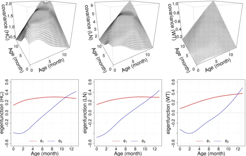 Fig 3. Estimated auto-covariance functions and eigenfunctions. Estimated auto-covariance functions G(s, t) (top) and the corresponding first two eigenfunctions ϕ 1 (t) and ϕ 2 (t) (bottom) as in Eq (3) for head circumference (HC, left), body length (LN, mi