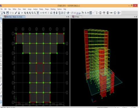 Fig -1 : Plan and elevation of 15 storey building with shear walls considered at the corners and at the center with fixed base condition 