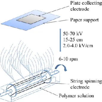 Figure 1. The NS Lab 500 non-capillary electrospinning unit (Elmarco, Czech Republic) andprocess parameters.