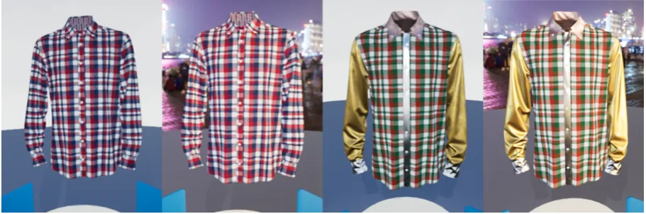Figure 11: The shirt as seen in diﬀerent environments. The left two panels show thedefault design and the right two panels show the eﬀect of the enviroment on an editedshirt