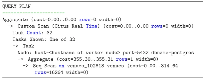 table.Listing 10: Running explain select count(*) from venues;