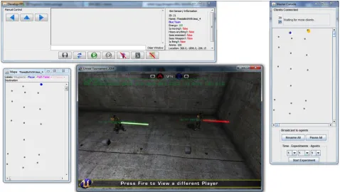 Fig. 2. A screenshot of the game control with four windows displaying a graphical view of the environment, two 2D maps representing a global situation an  individual position, an individual control console