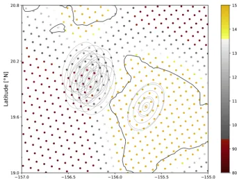 Figure 1. An example of FOV sizes and measured TB at the 6H channel near the island of Hawai‘i, from an AMSR2 orbit on 21 Septem-ber 2016
