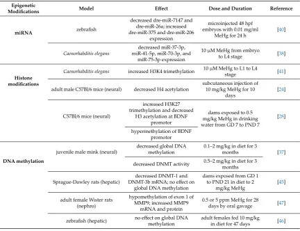 Table 2. Methylmercury-induced epigenetics modiﬁcations in vivo.