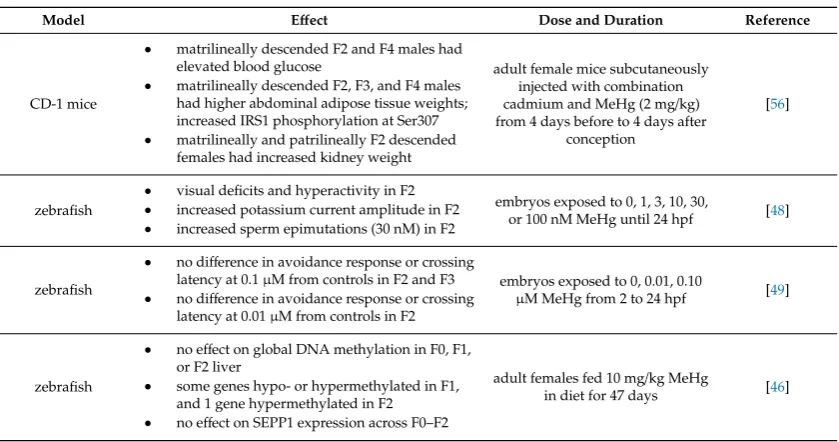 Table 3. Methylmercury eﬀects on transgenerational inheritance.