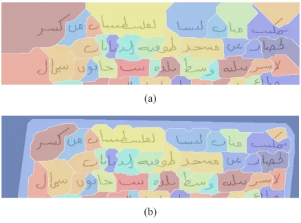 Fig. 8. Example of removing text component in the adjacent lines (black regions correspond to intersection of the components in cyan with others in the neighborhoods).