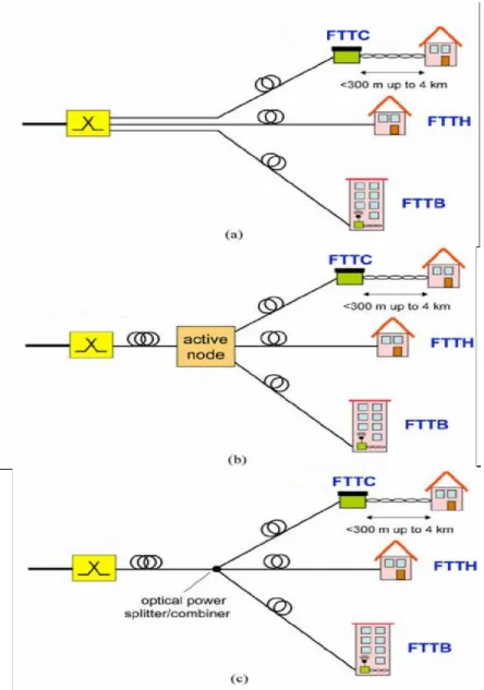 Figure 2.1: Access Networks Architectures (a) Point-to-point.  (b) Active Star. (c)  Passive Star