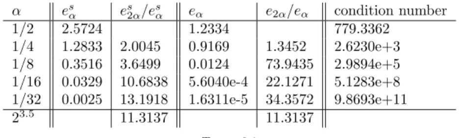 Table 6.1 shows the above described errors for different α, the expected ratios and the condition numbers of the collocation matrices