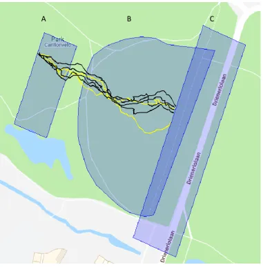 Figure 1. Experiment area with participant tracks and GPS polygons. The tracks of six team 