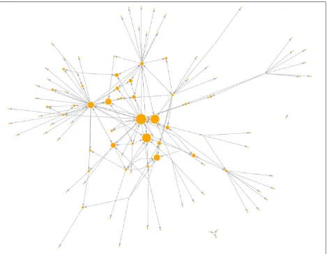 Figure 2. Social Network Analysis of Food System Organizations Working in an Eight-County Region of Northeastern North Carolina; Node Size Reflects Number of “In-Degree” Connections 