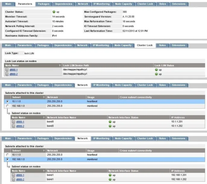 Figure 8. Serviceguard Manager for Linux screens showing the cluster configuration 